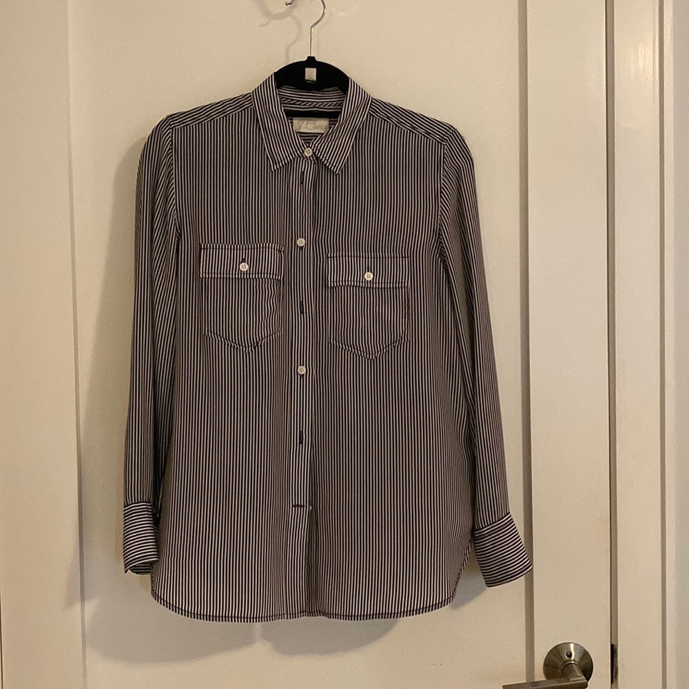 JCrew 100% Silk Navy and White Striped Blouse